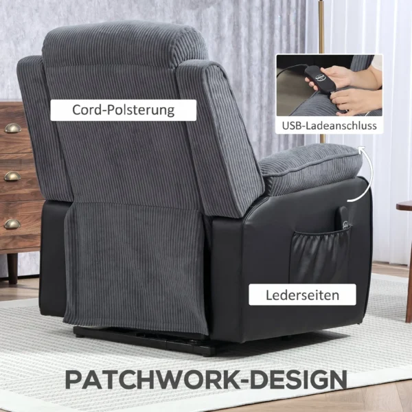 Aufstehsessel Mit Weichem Cordbezug, Recliner Sessel Mit Fernbedienung Und Seitentaschen, Dunkelgrau