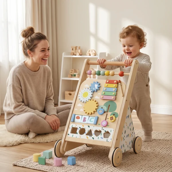 Baby Lauflernwagen Holz Lauflernhilfe Mit Rädern Regulierbarer Geschwindigkeit Bauklötze Für Kleinekinder Ab 18 Monaten
