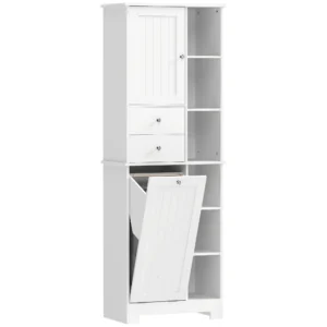 Badkamerkast Smalle Badkast Met 6 Open Vakken En Wasmand, 2 Lades En Soft Close Deur, Wit