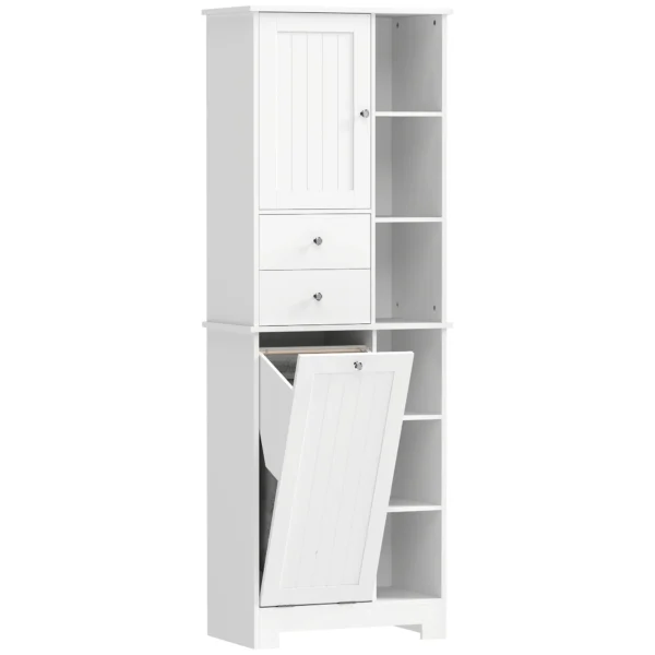 Badkamerkast Smalle Badkast Met 6 Open Vakken En Wasmand, 2 Lades En Soft Close Deur, Wit