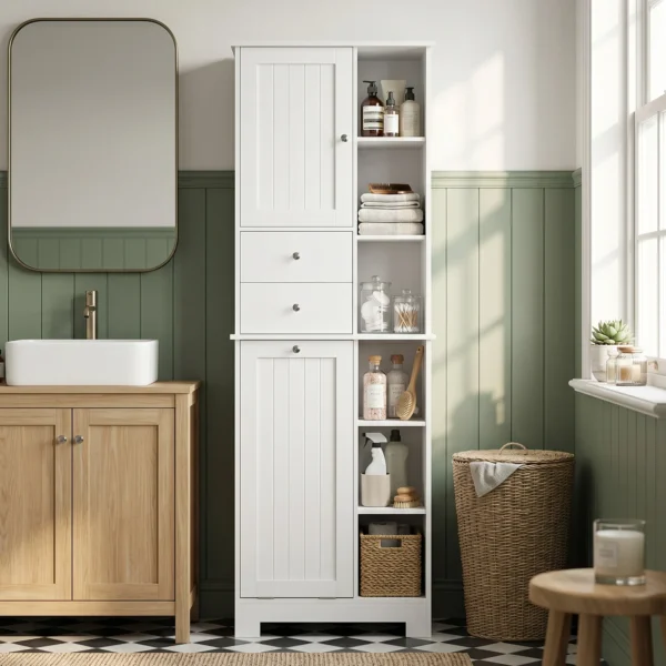 Badkamerkast Smalle Badkast Met 6 Open Vakken En Wasmand, 2 Lades En Soft Close Deur, Wit