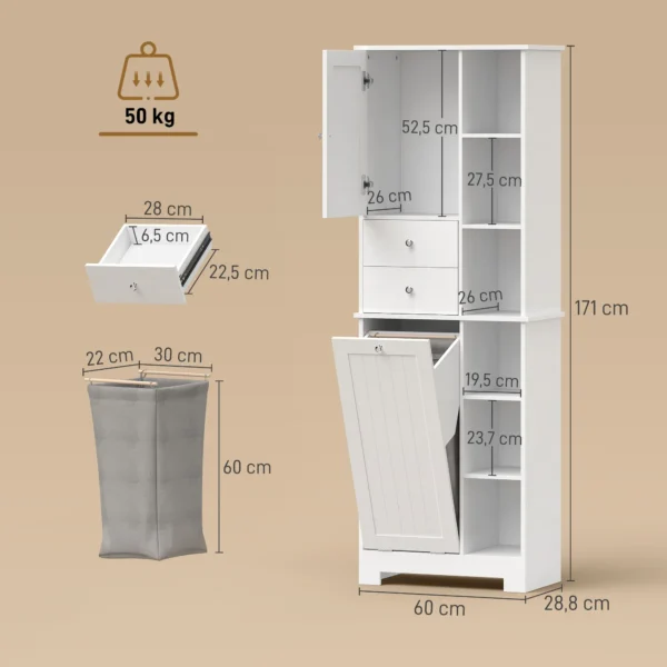 Badkamerkast Smalle Badkast Met 6 Open Vakken En Wasmand, 2 Lades En Soft Close Deur, Wit