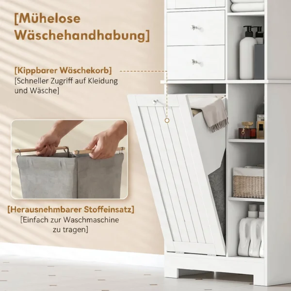 Badkamerkast Smalle Badkast Met 6 Open Vakken En Wasmand, 2 Lades En Soft Close Deur, Wit