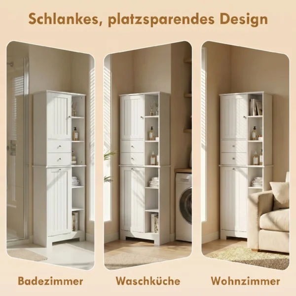 Badkamerkast Smalle Badkast Met 6 Open Vakken En Wasmand, 2 Lades En Soft Close Deur, Wit