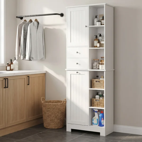 Badkamerkast Smalle Badkast Met 6 Open Vakken En Wasmand, 2 Lades En Soft Close Deur, Wit