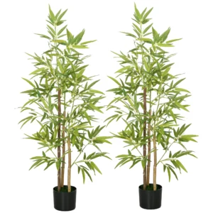 Bambus Kunstbaum 2er Set, 3 Stämme, Pflegeleicht, 120 Cm, Zementtopf, Grün