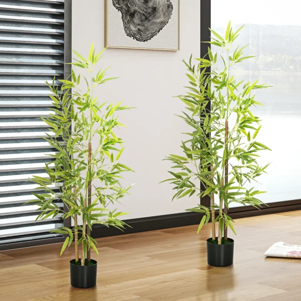 Bambus Kunstbaum 2er Set, 3 Stämme, Pflegeleicht, 120 Cm, Zementtopf, Grün