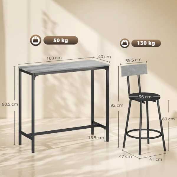 Bartisch Mit Barhocker Set Tresentisch Mit 2 Gepolsterten Hockern Mit Fußstütze Für Esszimmer, Kleinen Raum, Grau