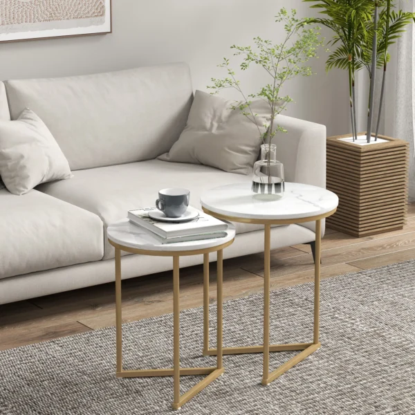 Beistelltisch 2er Set, Moderner Couchtisch Mit Goldenen Stahlbeinen Für Wohnzimmer, Schlafzimmer