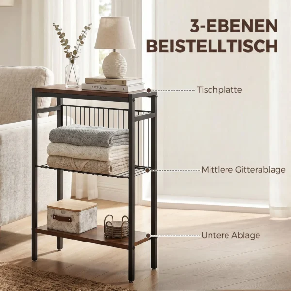 Beistelltisch Mit 3 Ablagen, Kleiner Nachttisch Mit Metallrahmen, Rustikales Braun Für Wohnzimmer