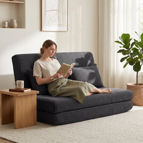 Bodenstuhl Mit Rückenlehne, Cord Klappsofa Als Gästebett, Verstellbare Rückenlehne, Breiter Sitz, Dunkelgrau