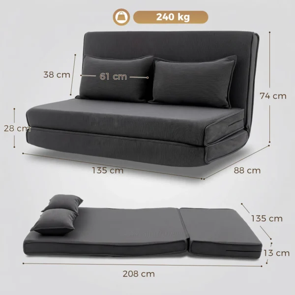 Bodenstuhl Mit Rückenlehne, Cord Klappsofa Als Gästebett, Verstellbare Rückenlehne, Breiter Sitz, Dunkelgrau