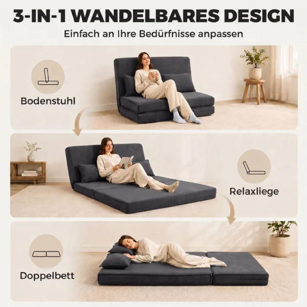 Bodenstuhl Mit Rückenlehne, Cord Klappsofa Als Gästebett, Verstellbare Rückenlehne, Breiter Sitz, Dunkelgrau