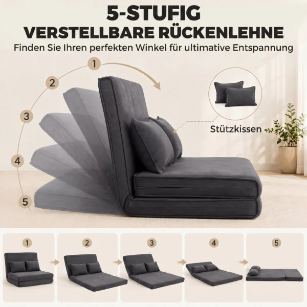 Bodenstuhl Mit Rückenlehne, Cord Klappsofa Als Gästebett, Verstellbare Rückenlehne, Breiter Sitz, Dunkelgrau