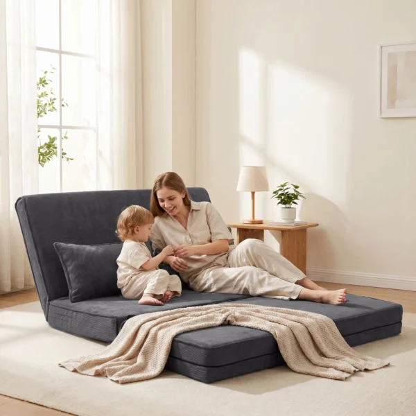 Bodenstuhl Mit Rückenlehne, Cord Klappsofa Als Gästebett, Verstellbare Rückenlehne, Breiter Sitz, Dunkelgrau