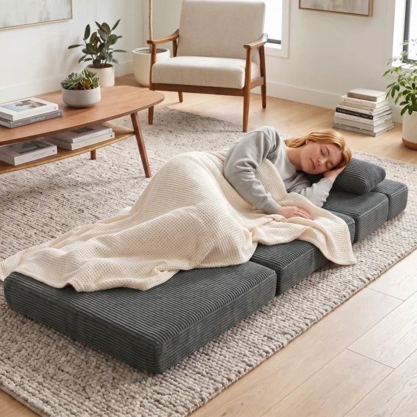 Bodenstuhl Mit Rückenstütze, Cord Boneless Cloud Faltbares Schlafsofa Mit Dickem Polster, Dunkelgrau