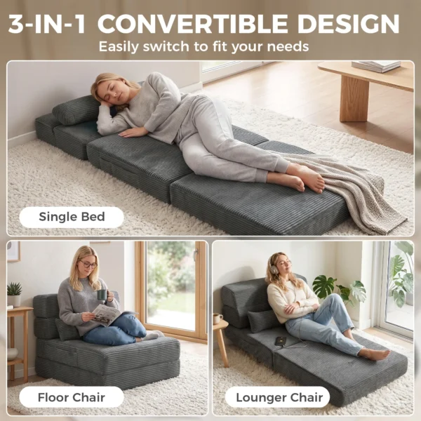 Bodenstuhl Mit Rückenstütze, Cord Boneless Cloud Faltbares Schlafsofa Mit Dickem Polster, Dunkelgrau