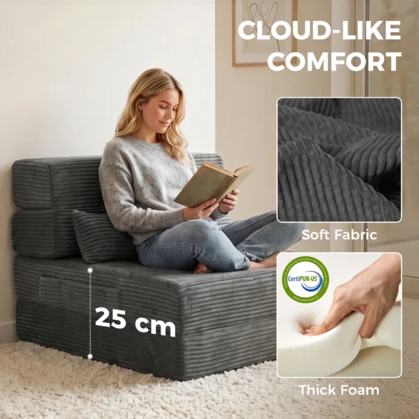 Bodenstuhl Mit Rückenstütze, Cord Boneless Cloud Faltbares Schlafsofa Mit Dickem Polster, Dunkelgrau