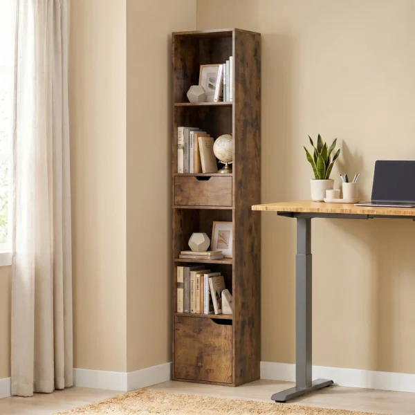 Bücherregal Mit 6 Ebenen, 3 stufig Verstellbar, Mit Schublade, Schranktür, Anpassbares Regal, Ausstellungsregal, Braun