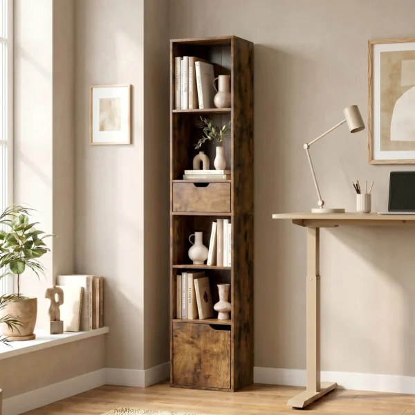 Bücherregal Mit 6 Ebenen, 3 stufig Verstellbar, Mit Schublade, Schranktür, Anpassbares Regal, Ausstellungsregal, Braun