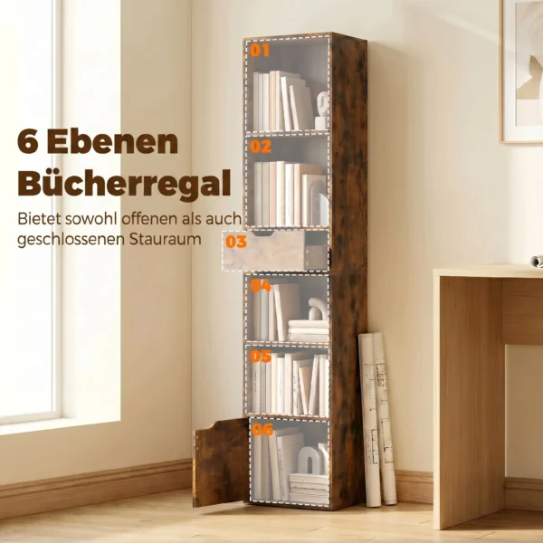 Bücherregal Mit 6 Ebenen, 3 stufig Verstellbar, Mit Schublade, Schranktür, Anpassbares Regal, Ausstellungsregal, Braun