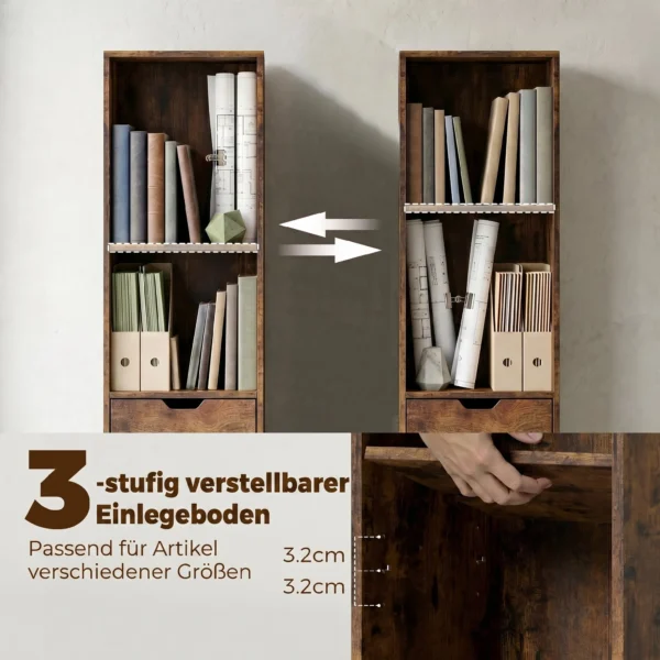 Bücherregal Mit 6 Ebenen, 3 stufig Verstellbar, Mit Schublade, Schranktür, Anpassbares Regal, Ausstellungsregal, Braun