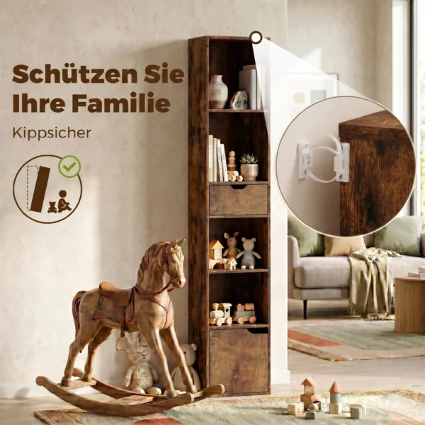 Bücherregal Mit 6 Ebenen, 3 stufig Verstellbar, Mit Schublade, Schranktür, Anpassbares Regal, Ausstellungsregal, Braun