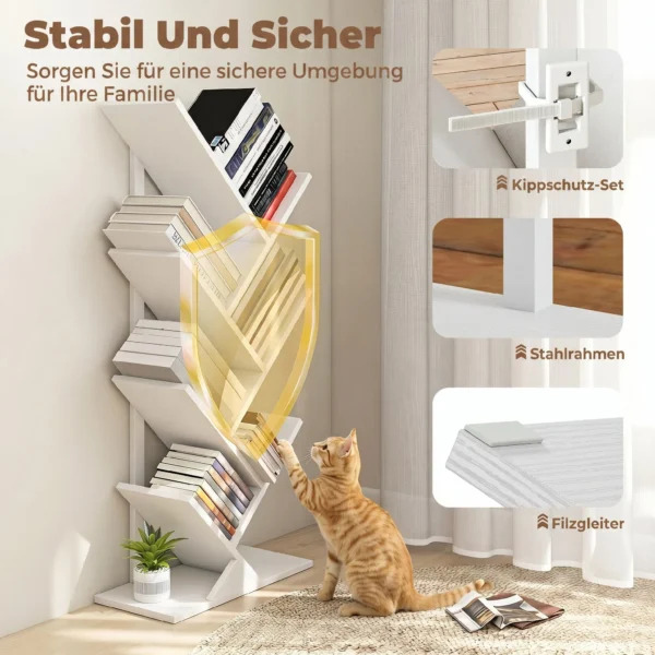 Bücherregal Standregal Mit 7 Ebenen Schmal Regal Im Baumform Für Büro, Rustikal Weiß