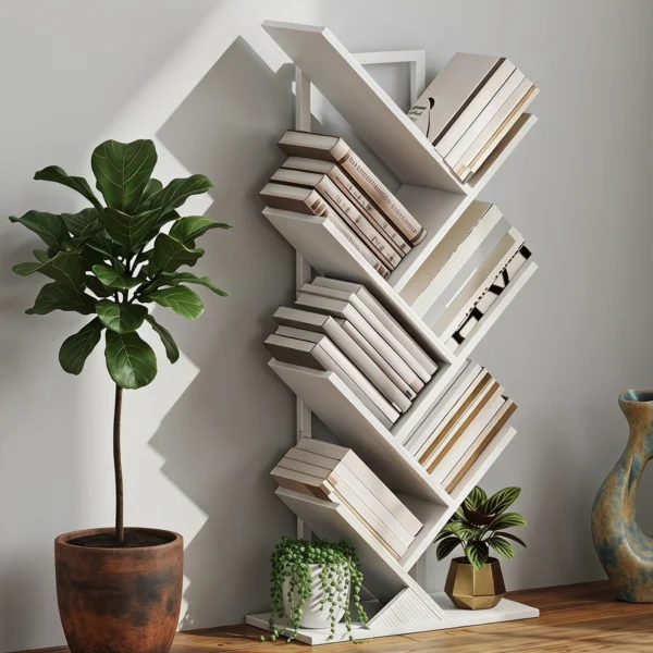 Bücherregal Standregal Mit 7 Ebenen Schmal Regal Im Baumform Für Büro, Rustikal Weiß