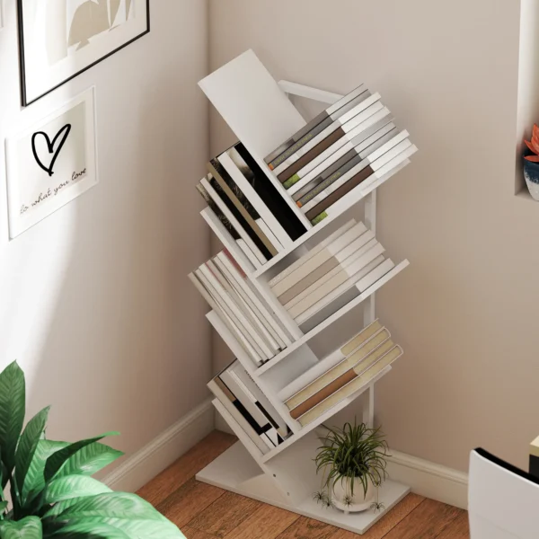 Bücherregal Standregal Mit 7 Ebenen Schmal Regal Im Baumform Für Büro, Rustikal Weiß