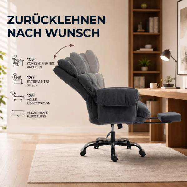 Bürostuhl Mit Verstellbarer Rückenlehne, Rollbarer Polsterstuhl, Polstersessel, Höhenverstellbar, Stahl, Dunkelgrau