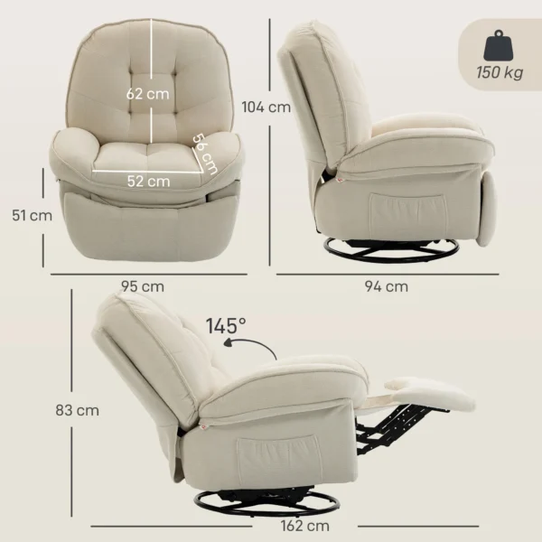 Chenille Relaxsessel, Manuell Verstellbar, 360° Dreh Und Wippsessel Mit Breitem Sitz, Hoher Rückenlehne, Cremeweiß