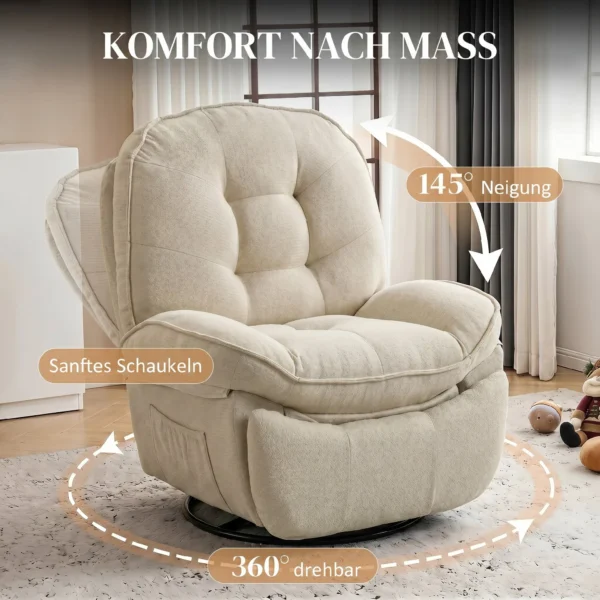 Chenille Relaxsessel, Manuell Verstellbar, 360° Dreh Und Wippsessel Mit Breitem Sitz, Hoher Rückenlehne, Cremeweiß
