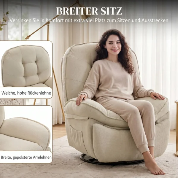 Chenille Relaxsessel, Manuell Verstellbar, 360° Dreh Und Wippsessel Mit Breitem Sitz, Hoher Rückenlehne, Cremeweiß