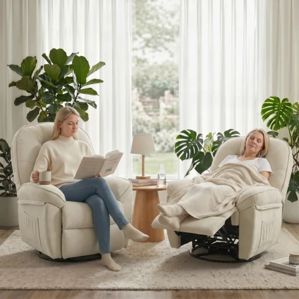 Chenille Relaxsessel, Manuell Verstellbar, 360° Dreh Und Wippsessel Mit Breitem Sitz, Hoher Rückenlehne, Cremeweiß