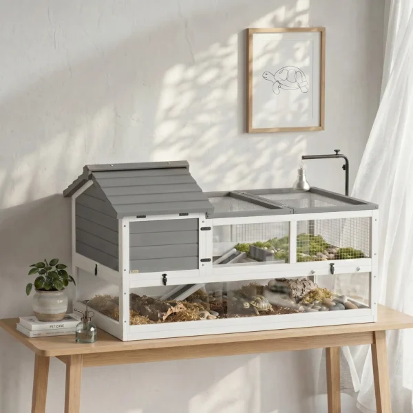 Childkrötenhaus Aus Holz Schildkrötengehege Mit Zwei Haupthäusern Aufklappbarem Oberseite Lampenhalter Grau