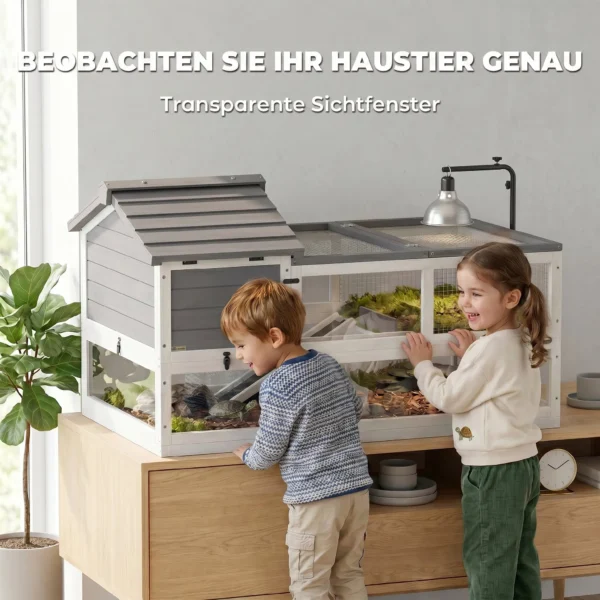 Childkrötenhaus Aus Holz Schildkrötengehege Mit Zwei Haupthäusern Aufklappbarem Oberseite Lampenhalter Grau