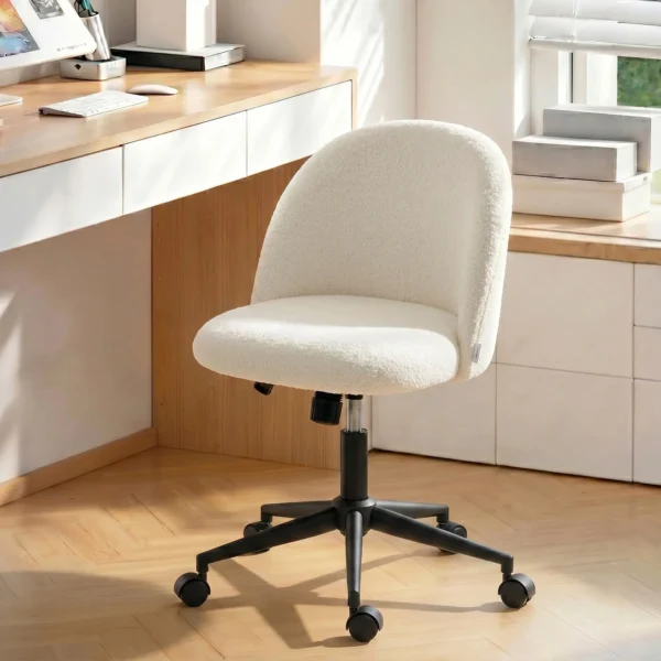 Draaibare Bureaustoel Van Teddyfleece, In Hoogte Verstelbaar, Met Wielen, Comfortschuim, Crème