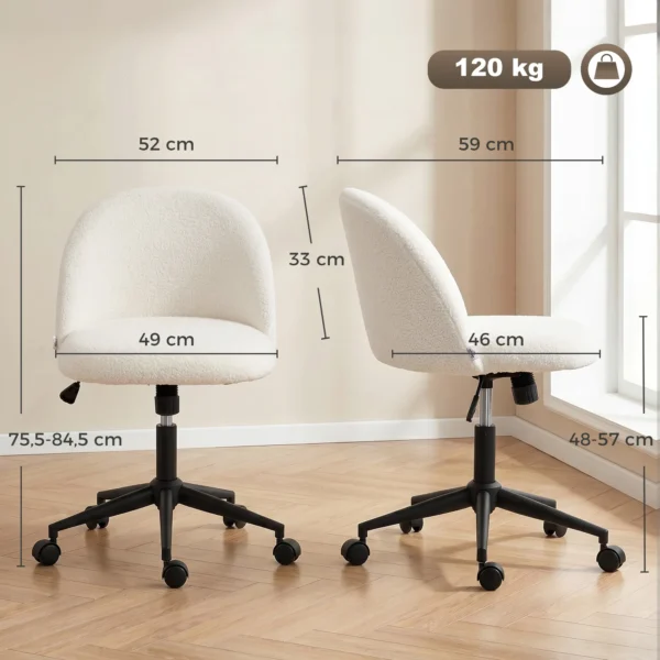 Draaibare Bureaustoel Van Teddyfleece, In Hoogte Verstelbaar, Met Wielen, Comfortschuim, Crème