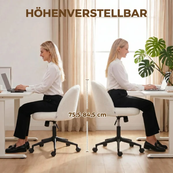 Draaibare Bureaustoel Van Teddyfleece, In Hoogte Verstelbaar, Met Wielen, Comfortschuim, Crème