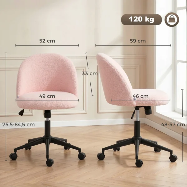 Draaibare Bureaustoel Van Teddyfleece, In Hoogte Verstelbaar, Met Wielen, Comfortschuim, Roze