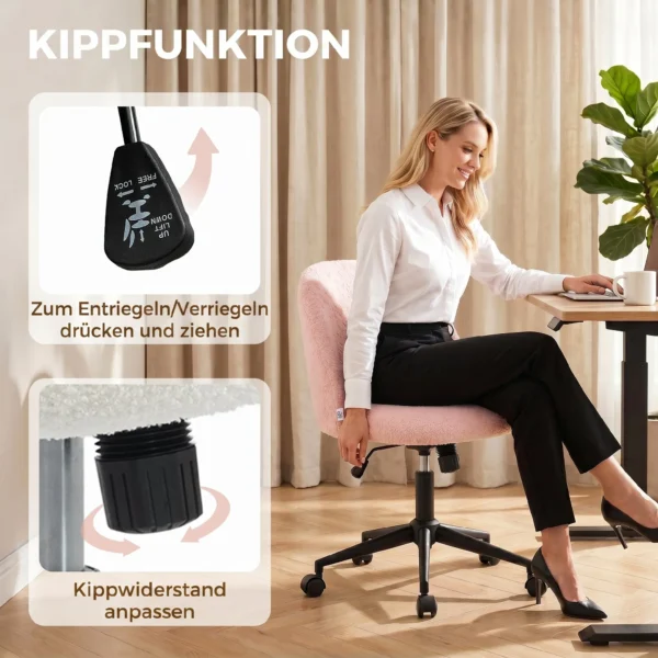 Draaibare Bureaustoel Van Teddyfleece, In Hoogte Verstelbaar, Met Wielen, Comfortschuim, Roze