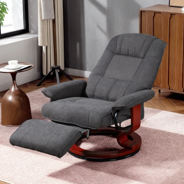 Drehbarer Relaxsessel, Leinenoptik, Manuell Verstellbarer Sessel Mit Holzfuß, Fußstütze, Hohe Rückenlehne, Grau
