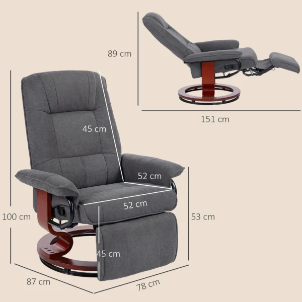 Drehbarer Relaxsessel, Leinenoptik, Manuell Verstellbarer Sessel Mit Holzfuß, Fußstütze, Hohe Rückenlehne, Grau