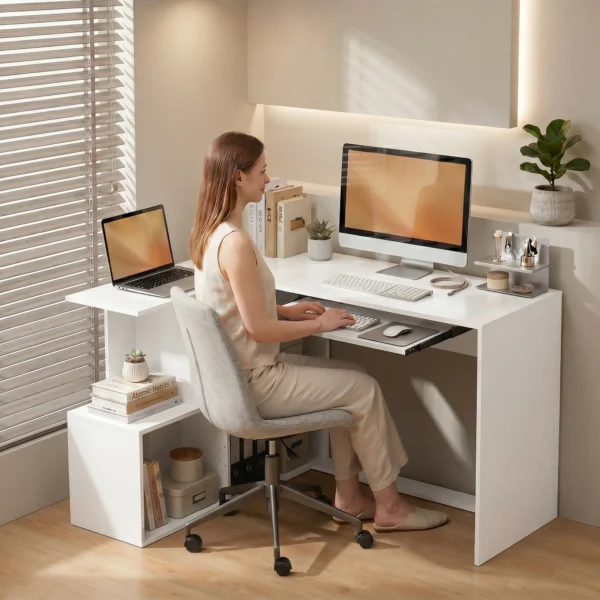 Eckschreibtisch, Computertisch Mit Tastaturauszug Und Offenen Ablagen, Weißer Holz Look