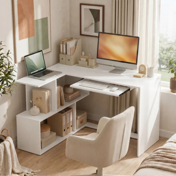 Eckschreibtisch, Computertisch Mit Tastaturauszug Und Offenen Ablagen, Weißer Holz Look