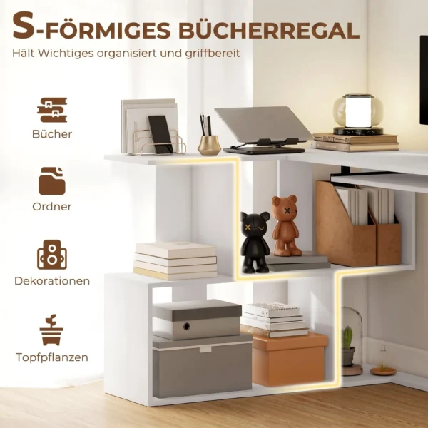 Eckschreibtisch, Computertisch Mit Tastaturauszug Und Offenen Ablagen, Weißer Holz Look
