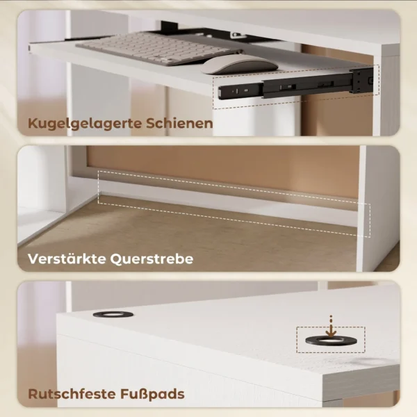 Eckschreibtisch, Computertisch Mit Tastaturauszug Und Offenen Ablagen, Weißer Holz Look