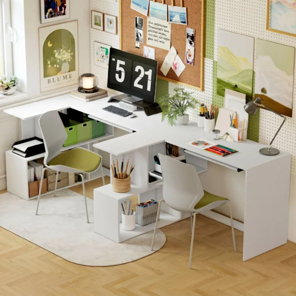 Eckschreibtisch, Computertisch Mit Tastaturauszug Und Offenen Ablagen, Weißer Holz Look
