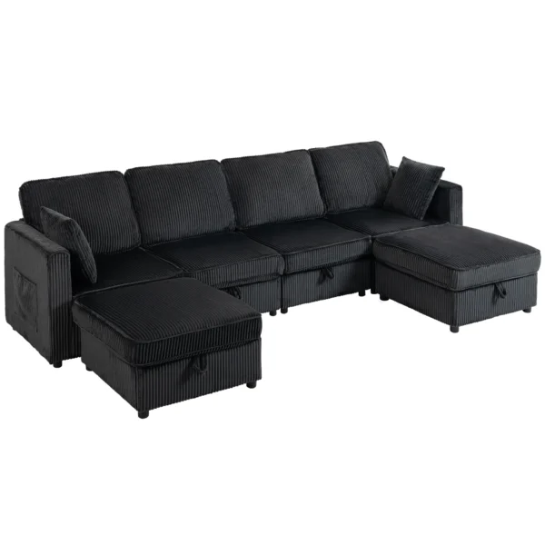 Ecksofa 4 Sitzer U Form Sofa Mit Stauraum Ottomane, 306 Cm Eckcouch Mit Cord Optik, 4 Kissen, Für Wohnzimmer